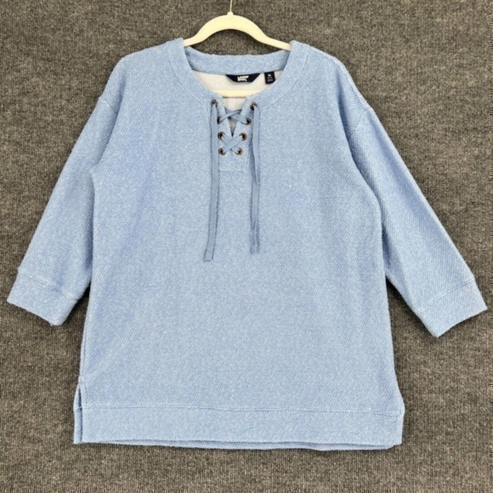 Lands End Tunic Pullover Womens Medium Blue Lace Up Boucle Texture Boxy Casual